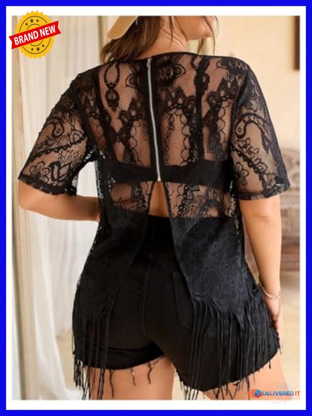 Plus Size Boho Fringe Top Lace Mesh Sheer Short Sleeve Tassel T-Shirt Going Out - Picture 2 of 4